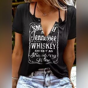 Flamingals Black Grommet Eyelet Notched Neck Graphic Women's Top